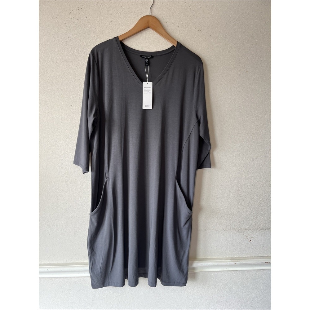 Eileen Fisher Stretch Jersey Aline V Neck Dress XL Gray 3/4 Sleeve Lagenlook New